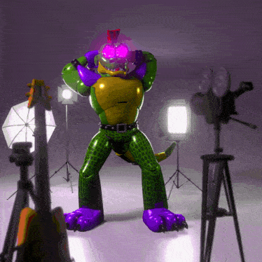 a green and purple crocodile with a purple head