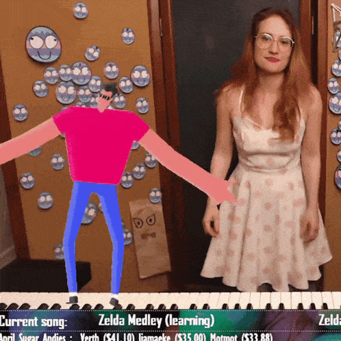 a woman in a pink dress is standing next to a man in a pink shirt playing a piano