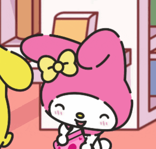 a cartoon drawing of a pink bunny with a yellow bow on her head