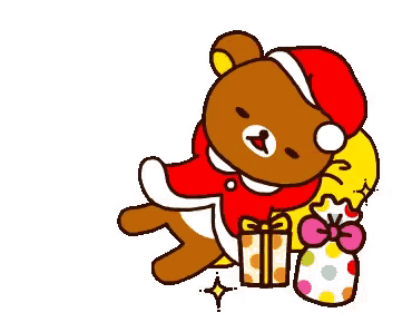 a cartoon of a teddy bear wearing a santa hat and carrying a bag of presents