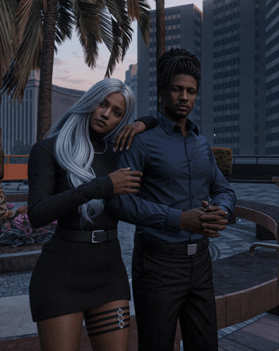 a man and a woman are posing for a picture in front of a palm tree