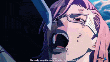a girl with pink hair and glasses is screaming with the words content we really ought to come together and support this