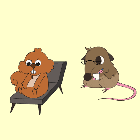 a cartoon of a squirrel sitting on a couch next to a mouse