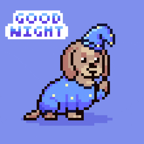 a pixel art illustration of a dog wearing a sleep cap and pajamas with the words good night above it