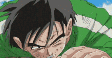 a close up of a cartoon character with a green and white shirt on .