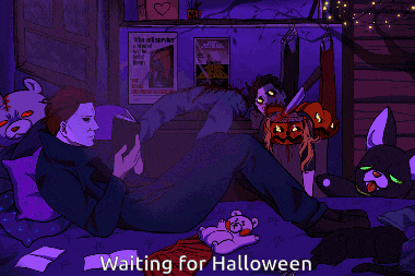 a pixel art of a man laying on a bed reading a book with the words " waiting for halloween " below him