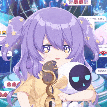a girl with purple hair is holding a stuffed animal with a blue face