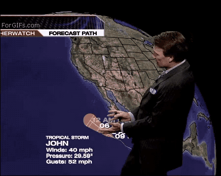 a man in a suit and tie is standing in front of a map of the united states with a forecast for john