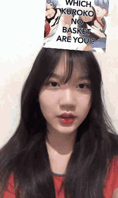 a girl with a sign on her head that says " which kuroko no basket are you "