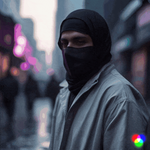 a man wearing a hooded jacket and a black scarf around his head