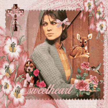 a picture of a woman holding a deer with the words sweetheart written on it