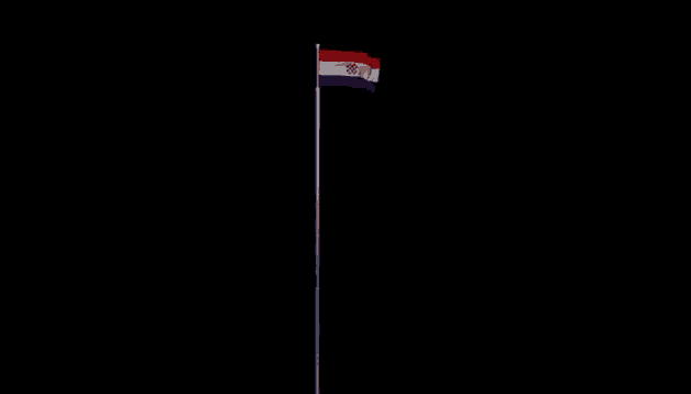 a red white and blue flag on a pole with a black background
