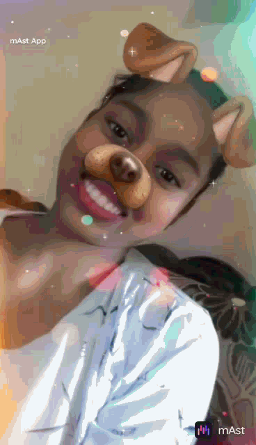 a girl with a dog mask on her face and mast app on the bottom right