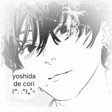 a black and white drawing of a girl with the name yoshida de cori on the bottom