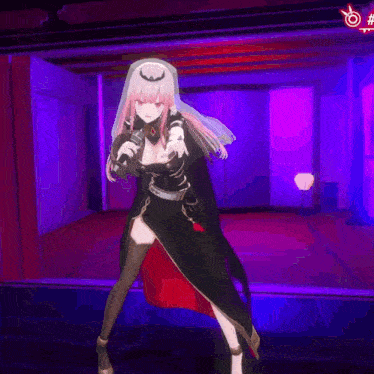 a girl with pink hair is holding a microphone in a room .