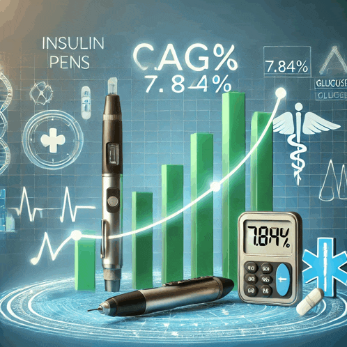 a display of insulin pens and a glucose monitor