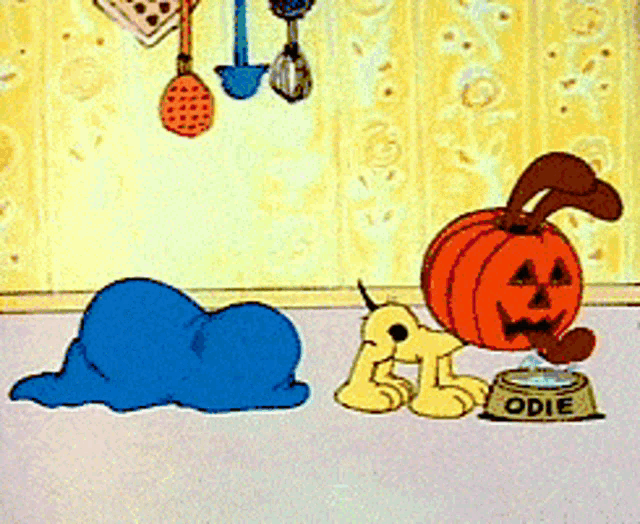 a cartoon of a dog and a pumpkin with the name odie on the bowl