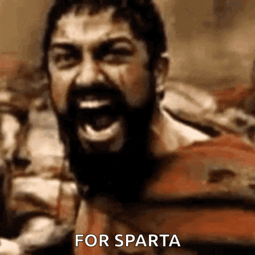 a man with a beard is screaming with his mouth open and the words `` for sparta '' written next to him .