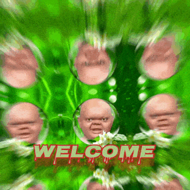 a green background with a bunch of faces and the word welcome in red
