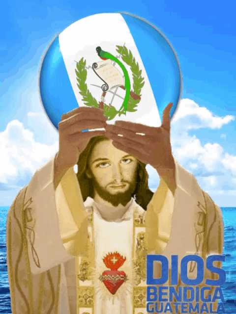 a picture of jesus holding a flag with the words dios bendiga guatemala on the bottom