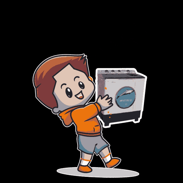 a cartoon of a boy holding a washing machine that says lg on it