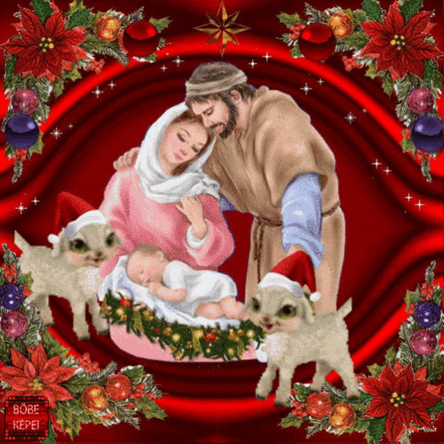a picture of a nativity scene with a baby jesus and a man and woman surrounded by sheep
