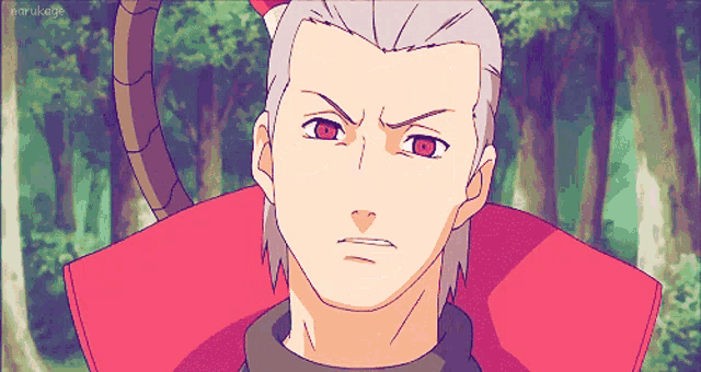 a drawing of a man with gray hair and red eyes with the words " narukage " below him