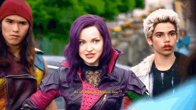 a woman with purple hair is standing next to a man and a boy with white hair ..