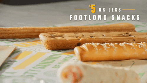a subway ad that says 5 or less footlong snacks on it