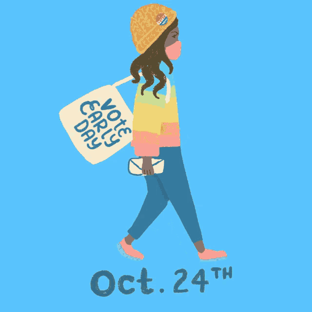 an illustration of a woman wearing a mask and carrying a bag that says " vote early day "