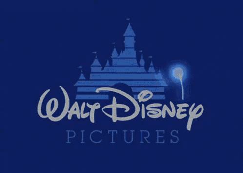 a blue walt disney pictures logo with a castle on it