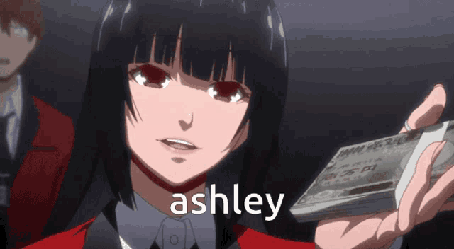 a girl holding a stack of money with the name ashley above her