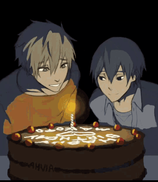 two anime characters looking at a birthday cake with a candle on it