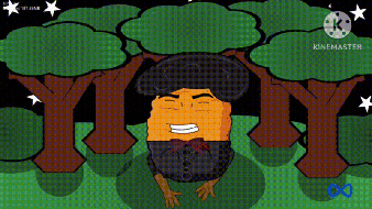 a cartoon of a man standing under a tree with trees in the background .