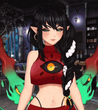 a girl in a red top with a large eye on it