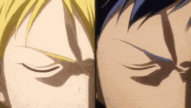 a close up of two anime characters with their eyes closed and their shadows on their faces .