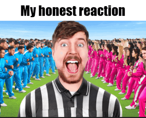 a man in a striped shirt stands in front of a large group of people with the words my honest reaction below him