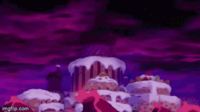 a purple background with a bunch of cakes on top of each other