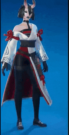 a woman in a kimono is standing in front of a blue background in a video game .