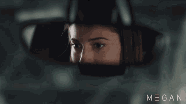 a woman 's face is reflected in the rear view mirror of a car with the name megan on the bottom right