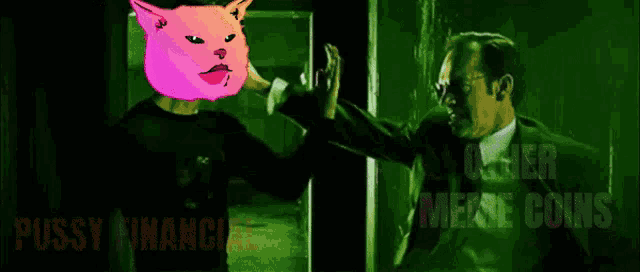 a man with a pink cat on his head is standing next to a man with other meme coins written on the bottom .