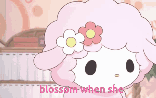 a cartoon of a sheep with a flower in her hair and the words blossom when she