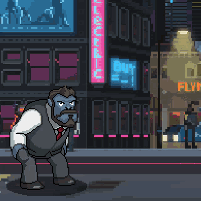 a pixel art illustration of a gorilla in a red suit