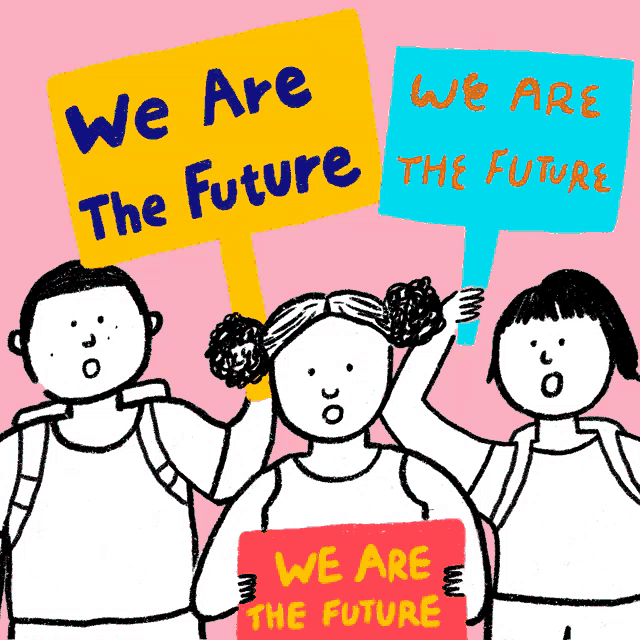 a cartoon of people holding signs that say we are the future