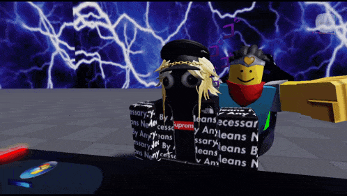 two roblox characters are standing next to each other and one is wearing a shirt that says supreme