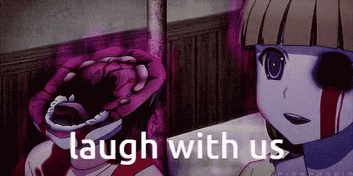 a creepy anime girl is laughing with us while holding a bloody rose .