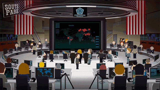 a group of people sitting in front of a screen that says pentagon