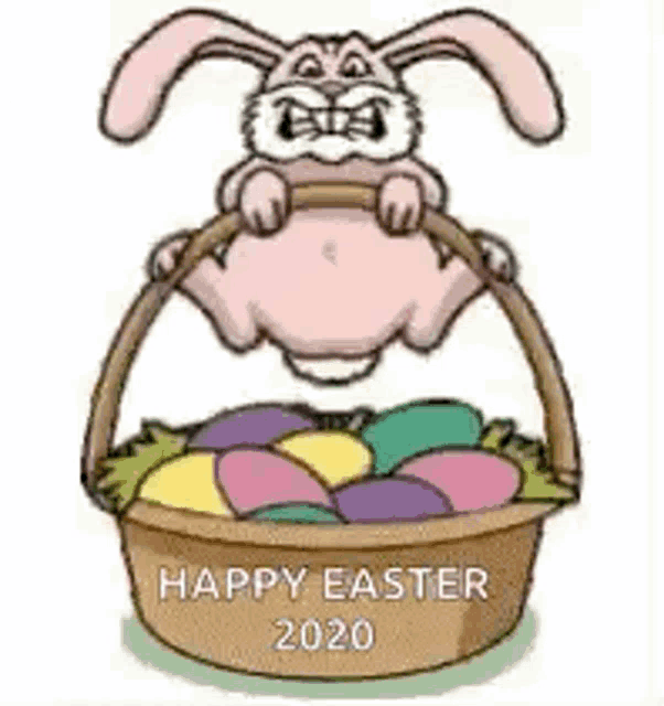 a cartoon easter bunny is jumping out of a basket of easter eggs .