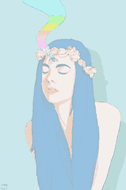 a drawing of a woman with blue hair and a flower crown