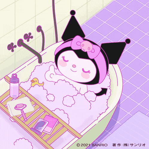 a cartoon drawing of a girl in a bathtub with the year 2021 sanrio on the bottom right